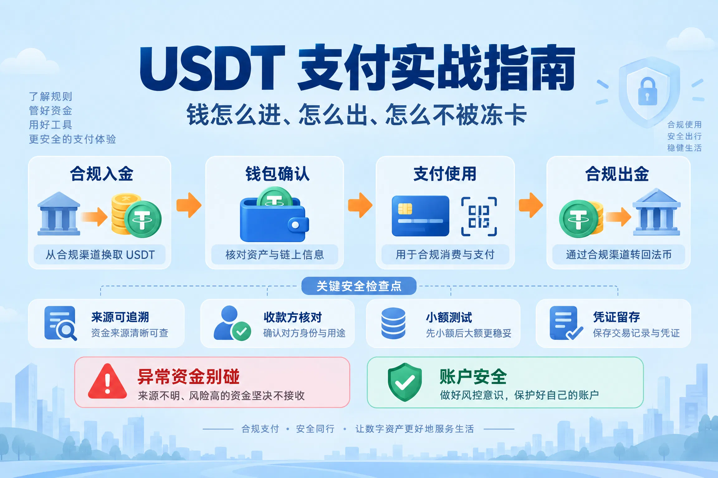 USDT 支付实战指南：钱怎么进、怎么出、怎么不被冻卡